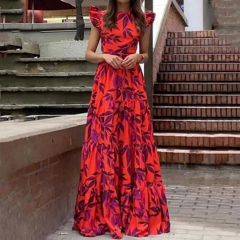 Langes Damenkleid mit Blumendruck und offenem Rücken - Mariluz