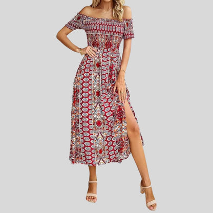 Aurora - Langes Boho-Kleid mit freien Schultern und Rüschen