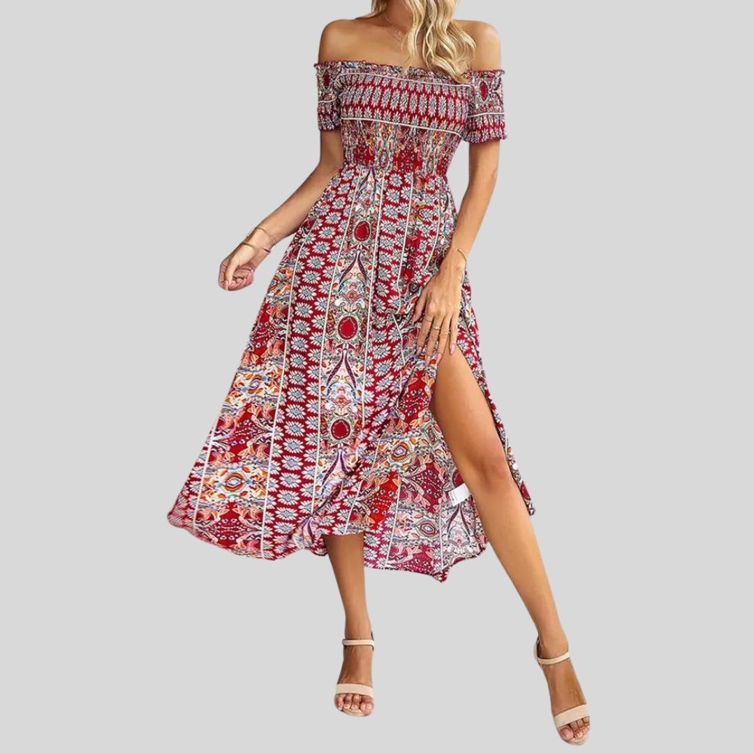 Aurora - Langes Boho-Kleid mit freien Schultern und Rüschen