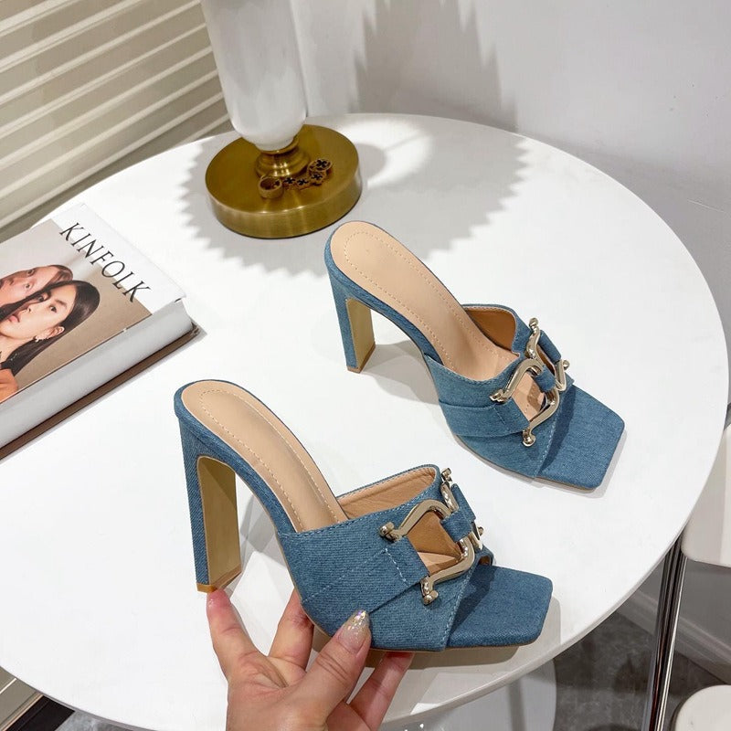 Damen hochhackige Sandalen elegant schwarz doppelt metallische Schnalle - Kalisa