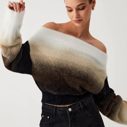 Clarissa - Schulterfreier Gradient Flauschiger Strickpullover