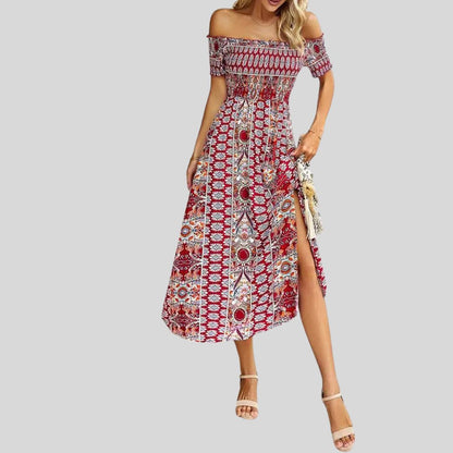 Aurora - Langes Boho-Kleid mit freien Schultern und Rüschen