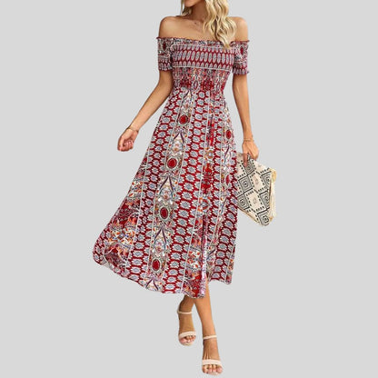 Aurora - Langes Boho-Kleid mit freien Schultern und Rüschen