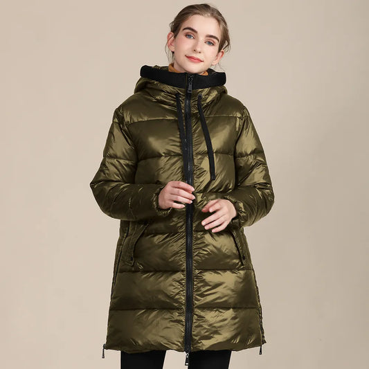 Katty - Glänzende Winterdaunenjacke aus gestepptem Nylon mit Kapuze für Frauen