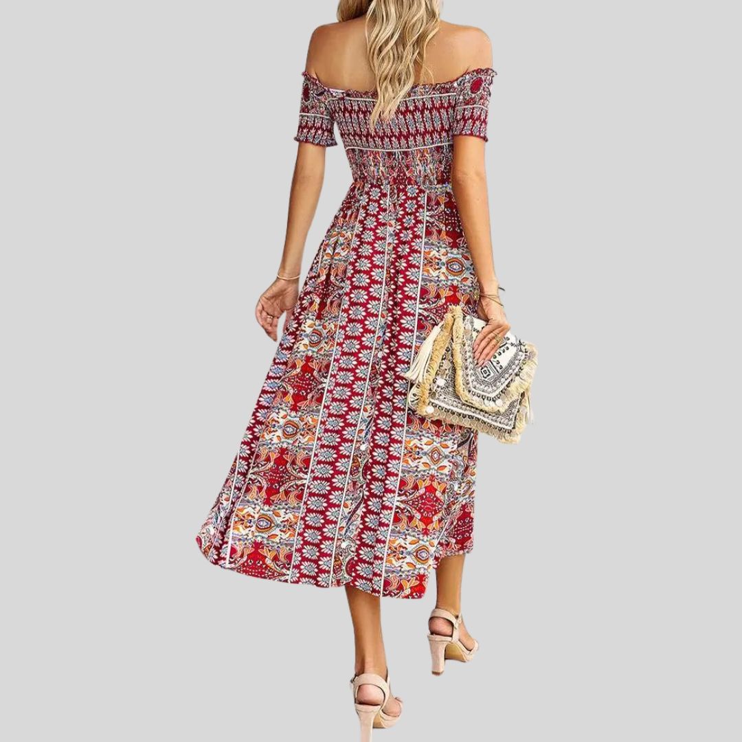 Aurora - Langes Boho-Kleid mit freien Schultern und Rüschen