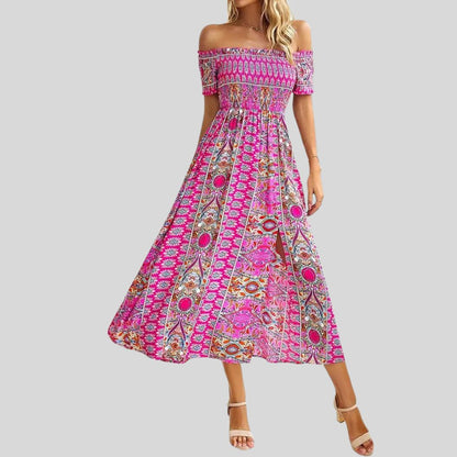 Aurora - Langes Boho-Kleid mit freien Schultern und Rüschen