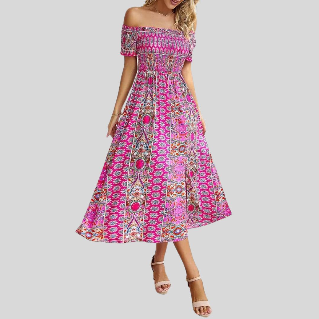 Aurora - Langes Boho-Kleid mit freien Schultern und Rüschen