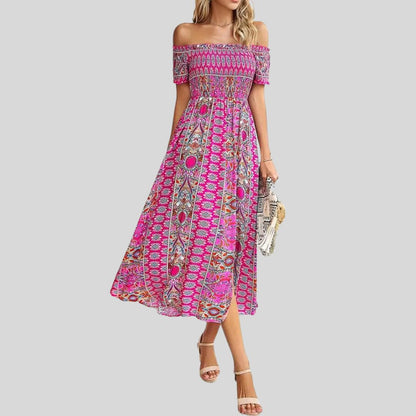 Aurora - Langes Boho-Kleid mit freien Schultern und Rüschen