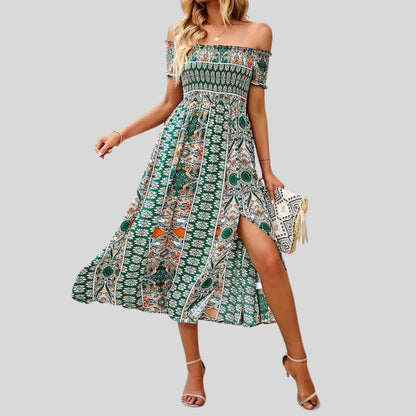 Aurora - Langes Boho-Kleid mit freien Schultern und Rüschen