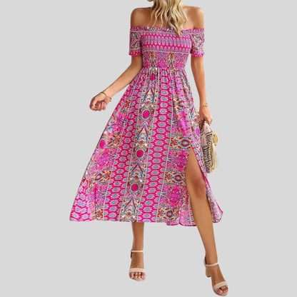 Aurora - Langes Boho-Kleid mit freien Schultern und Rüschen