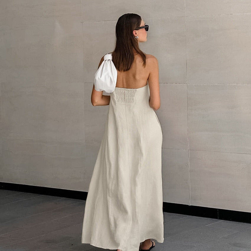 Langes Kleid aus Baumwollleinen mit trägerlosem Ausschnitt - Elodie