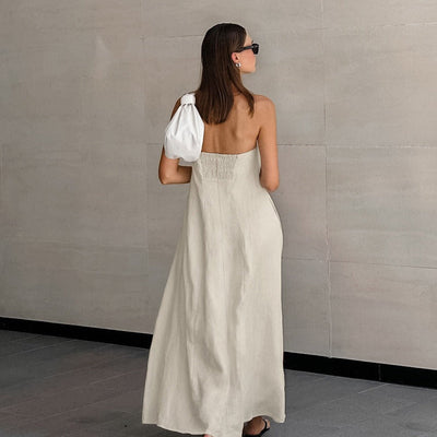 Langes Kleid aus Baumwollleinen mit trägerlosem Ausschnitt - Elodie