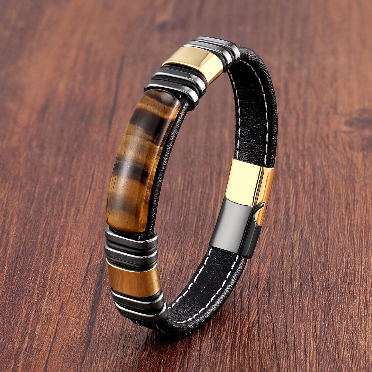 Lederarmband für Herren mit magnetischem Design aus Edelstahl - Vulcan