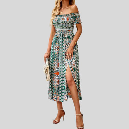 Aurora - Langes Boho-Kleid mit freien Schultern und Rüschen