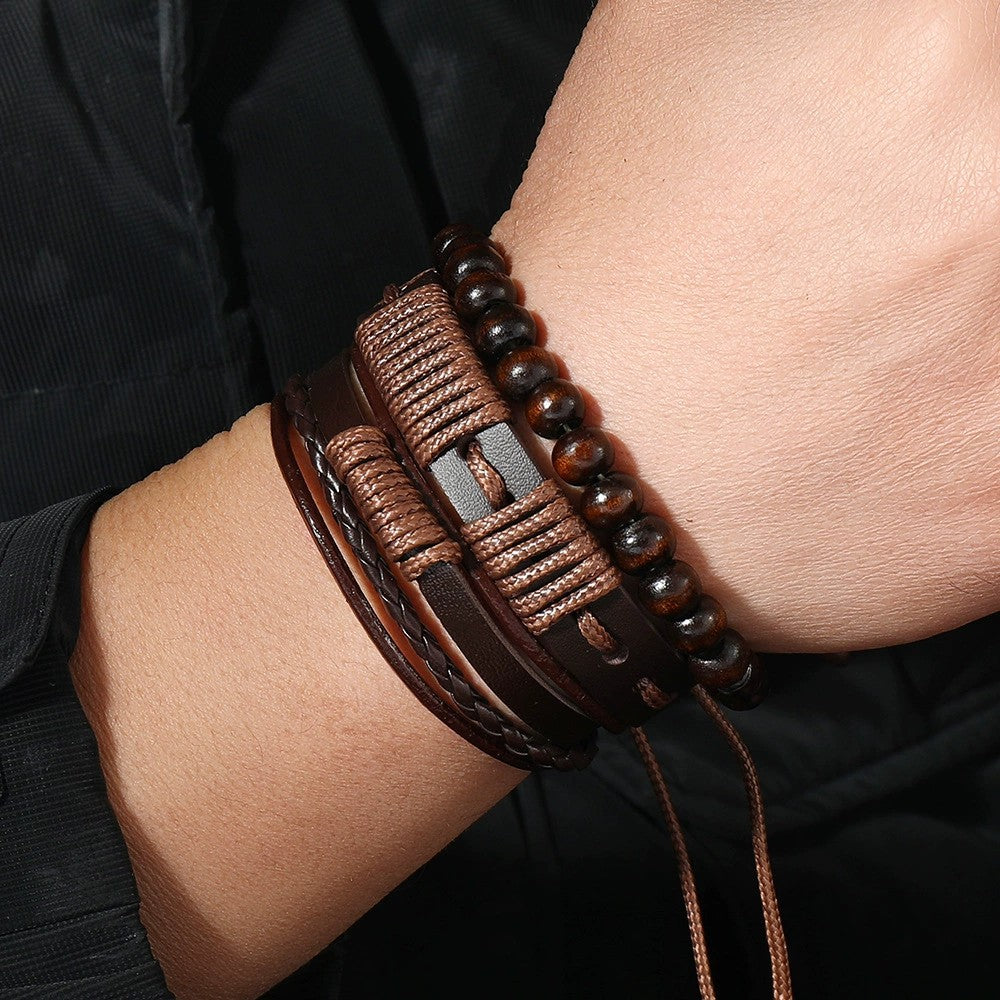 Herrenarmband gewachstes Seil und Leder Tribal Design 3 Stück - Terrakai