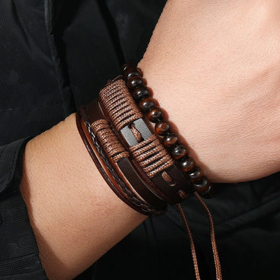 Herrenarmband gewachstes Seil und Leder Tribal Design 3 Stück - Terrakai