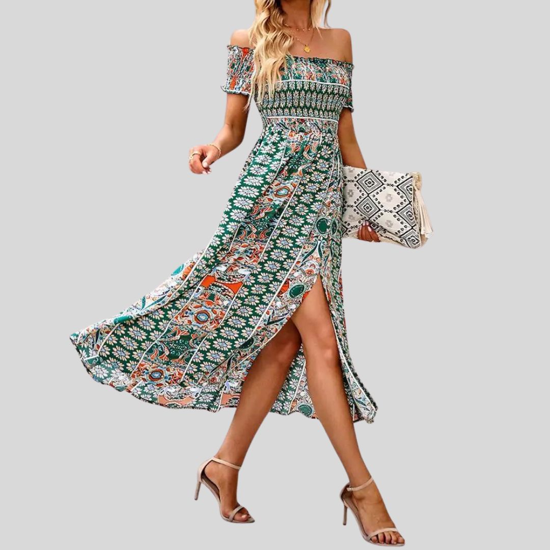 Aurora - Langes Boho-Kleid mit freien Schultern und Rüschen