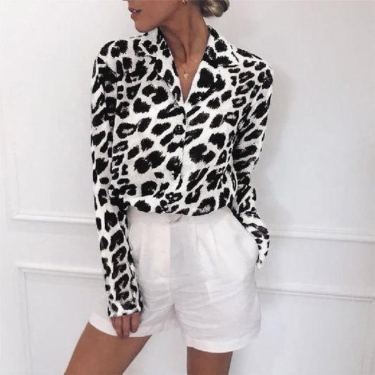 Kassie - Classy Langarm Leopard Print Bluse Turn Down Kragen