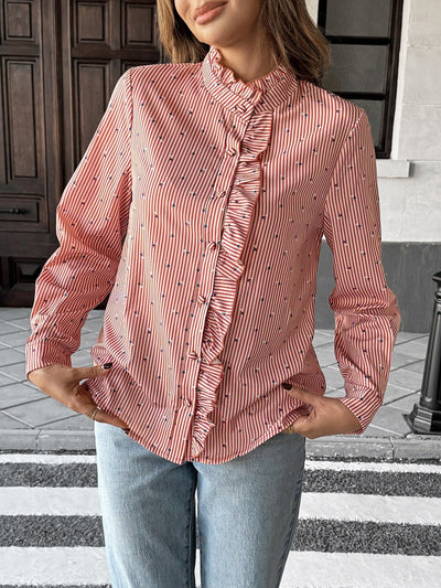 Langärmelige Damenbluse mit Rüschen und hohem Halsausschnitt - Lorena