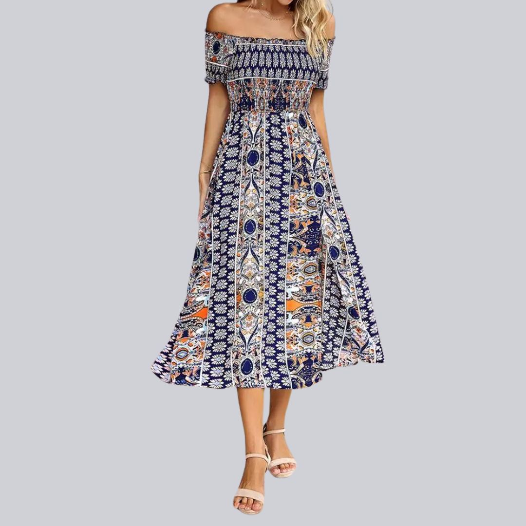 Aurora - Langes Boho-Kleid mit freien Schultern und Rüschen