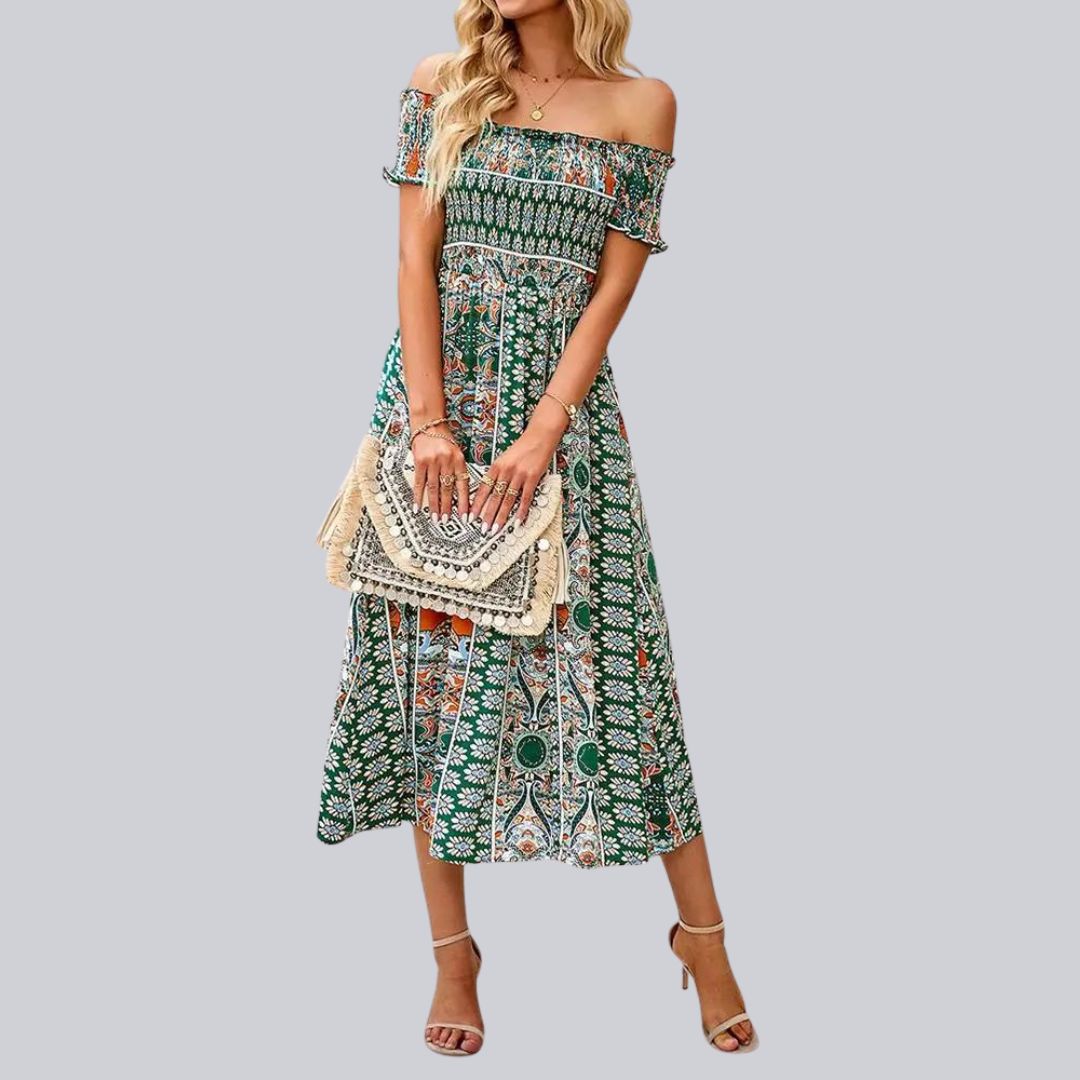 Aurora - Langes Boho-Kleid mit freien Schultern und Rüschen