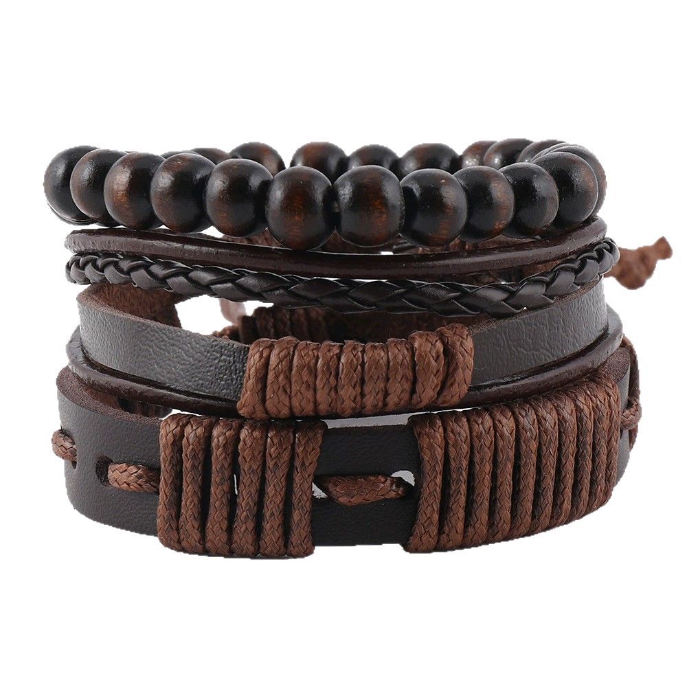 Herrenarmband gewachstes Seil und Leder Tribal Design 3 Stück - Terrakai
