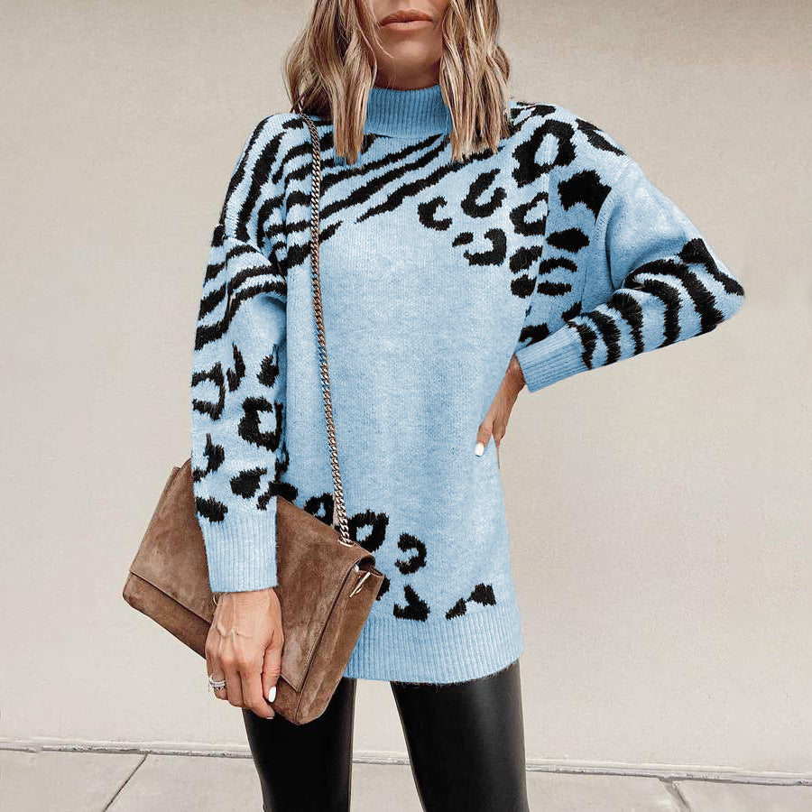 Leopardenpullover mit hohem Kragen