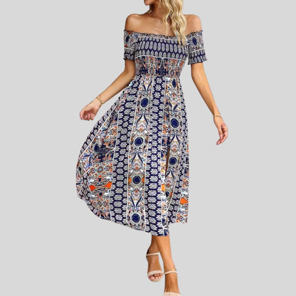 Aurora - Langes Boho-Kleid mit freien Schultern und Rüschen