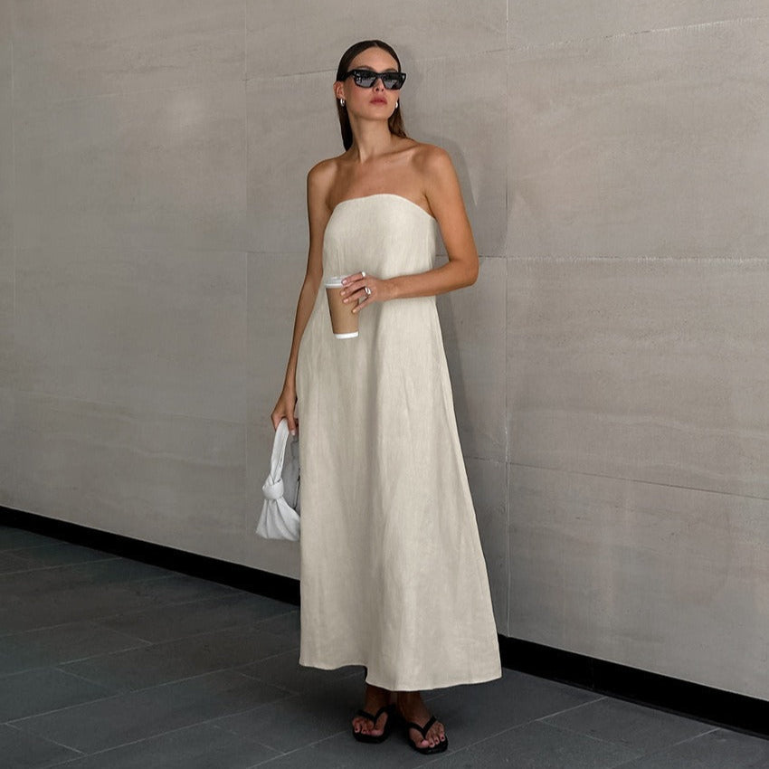 Langes Kleid aus Baumwollleinen mit trägerlosem Ausschnitt - Elodie