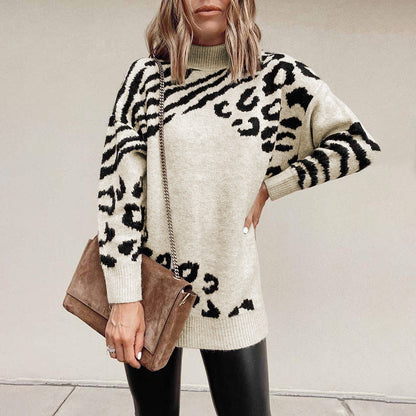 Leopardenpullover mit hohem Kragen