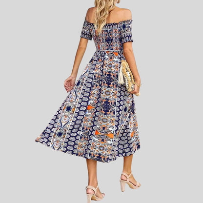 Aurora - Langes Boho-Kleid mit freien Schultern und Rüschen