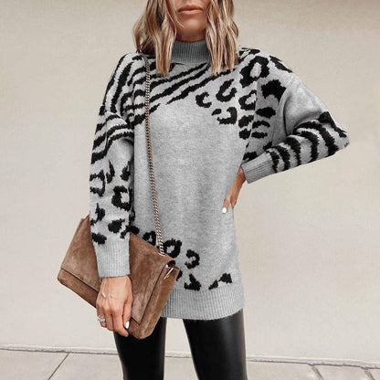 Leopardenpullover mit hohem Kragen