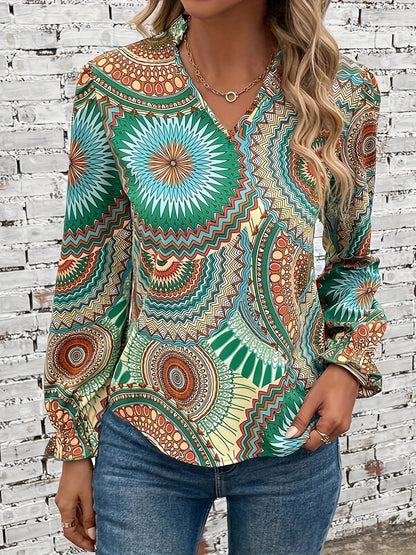 Iowana - Vintage-Bluse mit gekerbtem Ausschnitt und Mandala-Druck