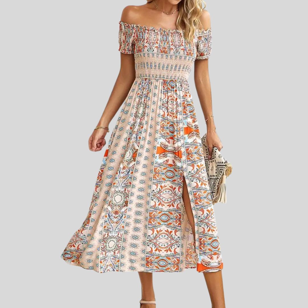 Aurora - Langes Boho-Kleid mit freien Schultern und Rüschen