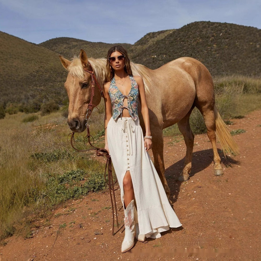 Langer Damenrock aus Leinen mit fließendem Frontschlitz - Martina