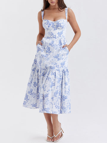 Clarise - Langes Kleid mit Reißverschlüssen und Blumentaschen