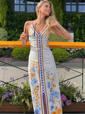 Keira - Lässiges langes Kleid mit Blumenmuster und Halfter
