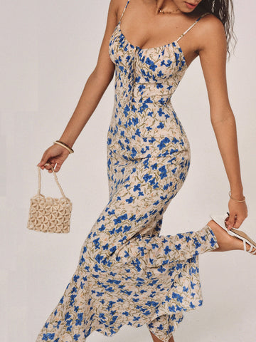 Lily - Geknotetes langes Kleid mit unregelmäßigem Saum und Blumendruck