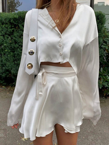 Emilia - Zweiteiliges Rockset aus Satin mit rohem Saum zum Binden