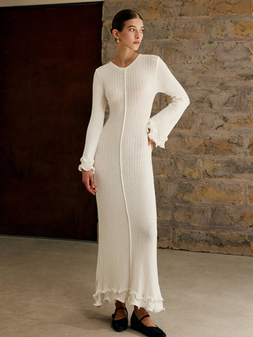 Jade - Semi-Transparentes Paspel-Rüschen-Strickkleid mit Kordelzug