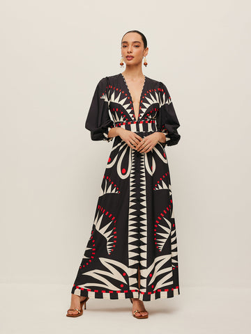 Dinah - Boho Print Kleid mit geteiltem V-Ausschnitt