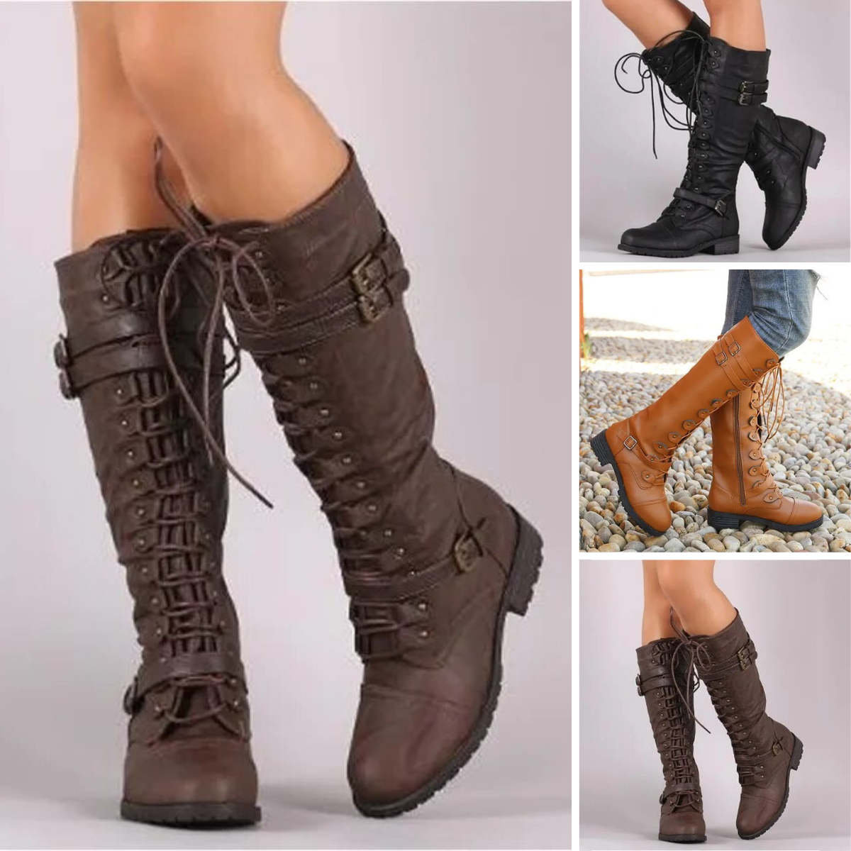 Bailee - Retro-Stiefel mit flacher Schnalle und Schnürung