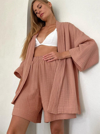 Lorenza - Zweiteiliges Set für zu Hause: lockere Strickjacke und Shorts