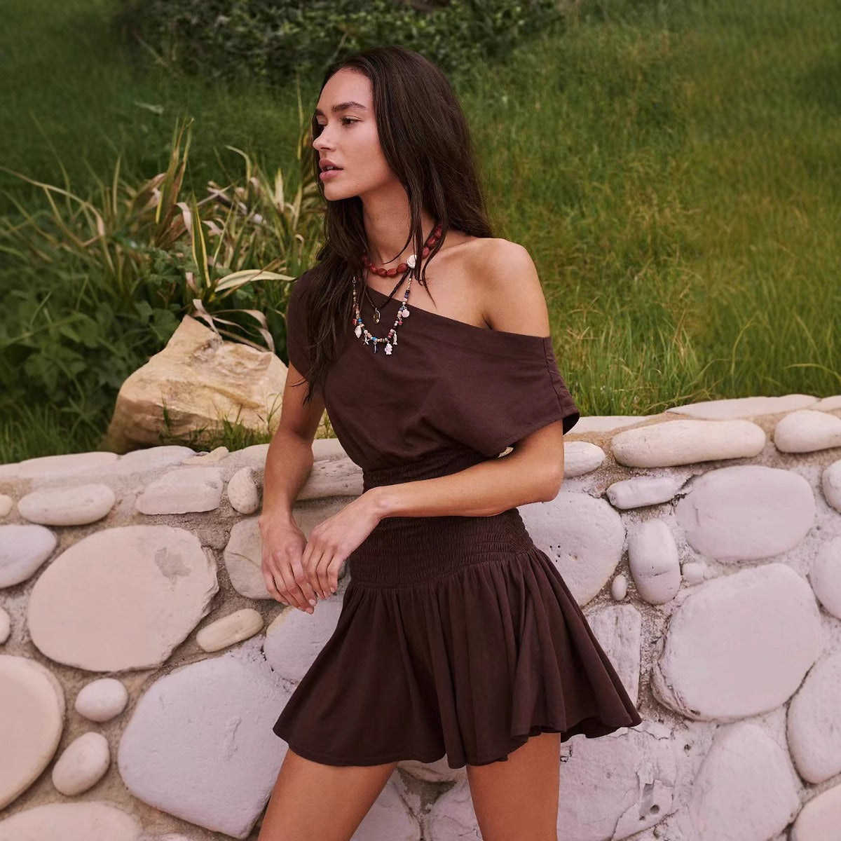 Frauen kurzes Kleid kurz elastische Taille Baumwolle lässigen Stil - Elina