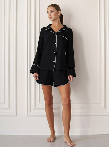 Chiara - Simple Silk Long-Sleeve Comfortable Black Nightwear