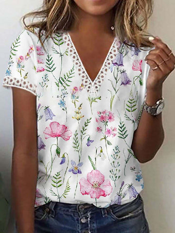 Sherly – Elegantes T-Shirt mit kurzen Ärmeln und V-Ausschnitt-Print für Damen