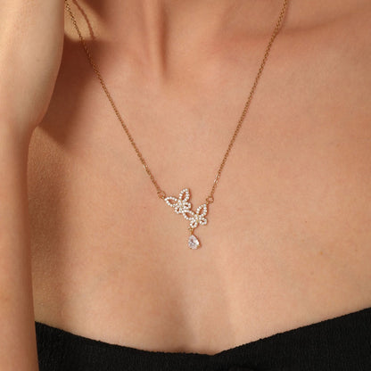 Crystal Twin Butterfly Kette 14K Vergoldet