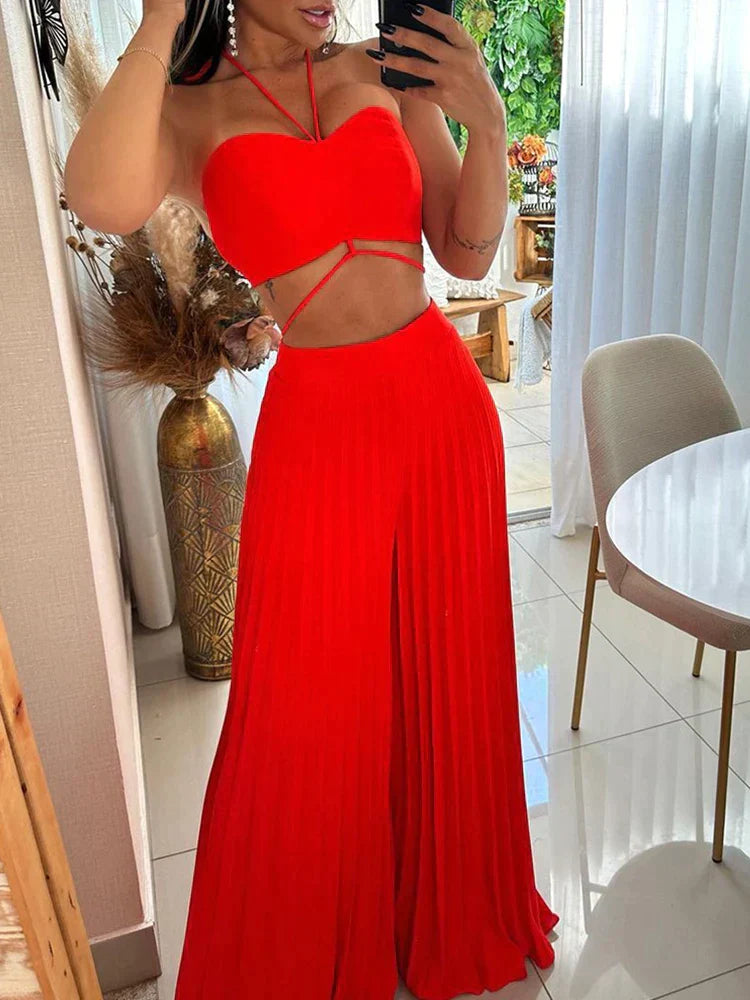 Laury - Verführerisches rotes Crop-Top und Plissee-Hose mit weitem Bein