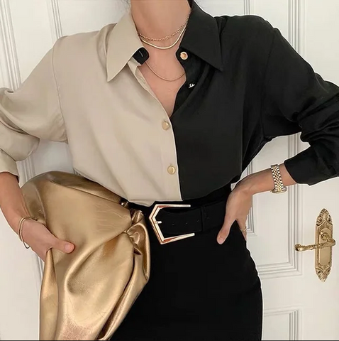 Charlotte Vintage-Langarmbluse Damen – Zweifarbig und Elegant