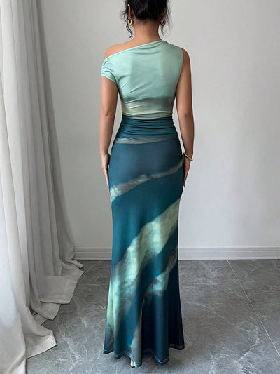 Langes Kleid mit Krawatteneffekt und asymmetrischer Schulterpartie - Natalia
